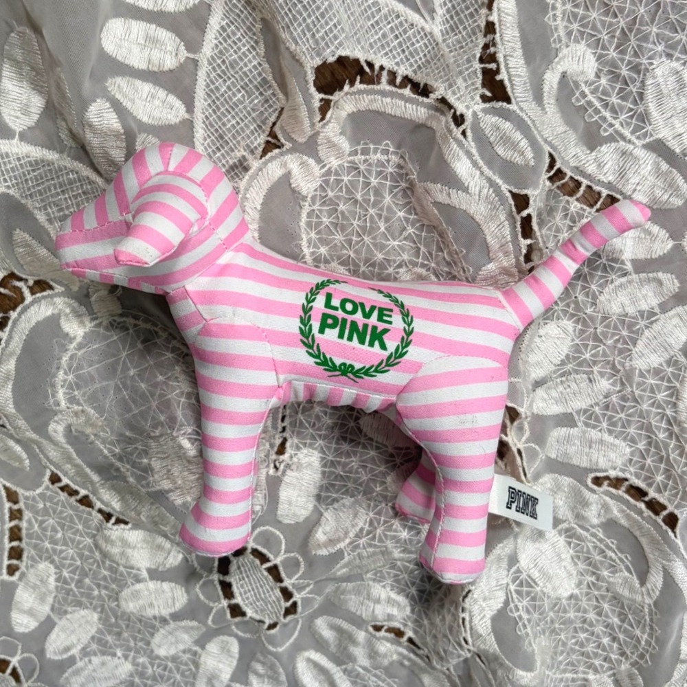 Victorias Secret PINK Plush Dog Pink White Striped Love Pink Mascot Collectible